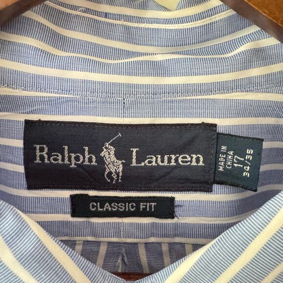 Ralph Lauren Men’s 17 34/35 Stripped Button Down Shirt Classic Fit Cotton Blue - Picture 4 of 12